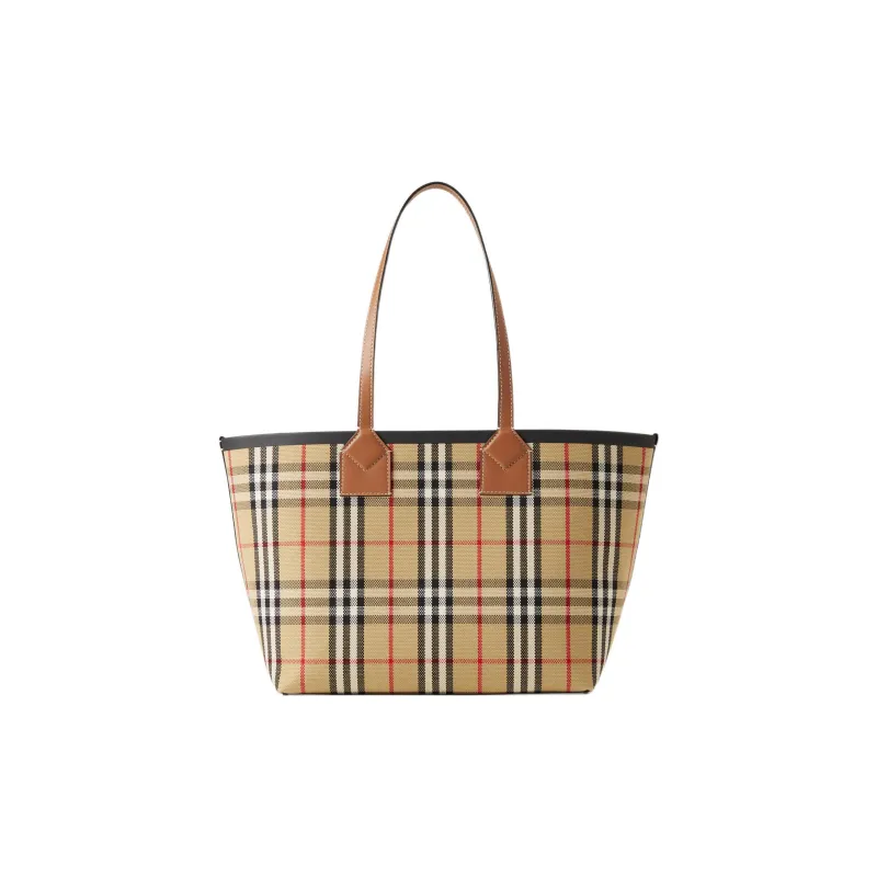 Burberry Check Cotton Small London Tote Bag Briar Brown/Black-4