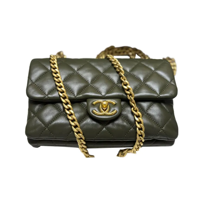 CHANEL 22K Autumn And Winter Sheepskin Flap Bag, Shoulder Bag, Crossbody Bag Small Size Women's Olive Green-1