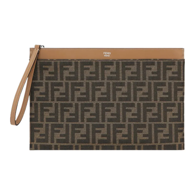 FENDI Cow Leather Clutch Tubas Men's Brown-0
