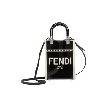 FENDI Sunshine Patent Leather With Canvas Tote Bag Shopping Bag Shoulder Bag Crossbody Bag Handbag Mini Women's Black
