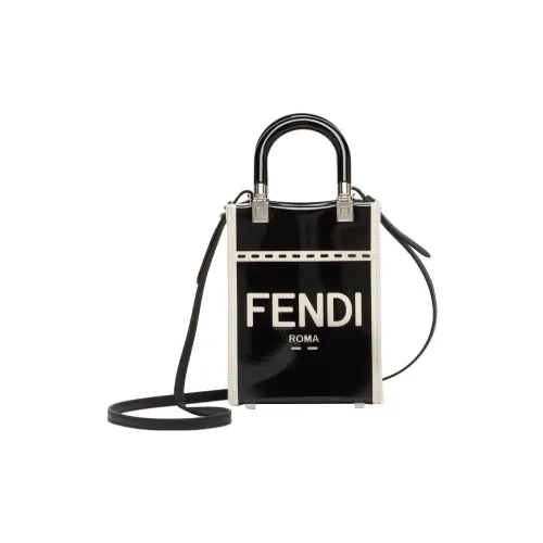 FENDI Sunshine Patent Leather With Canvas Tote Bag Shopping Bag Shoulder Bag Crossbody Bag Handbag Mini Women's Black