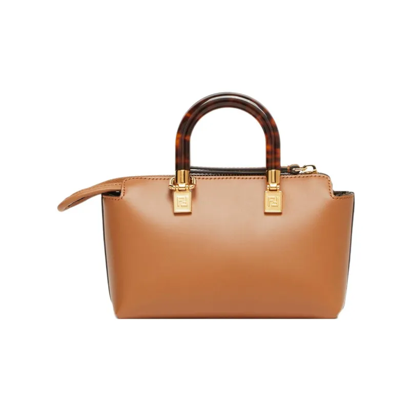FENDI Cow Leather Boston Bag Handbag Shoulder Bag Crossbody Bag Small Size Women's Brown-2