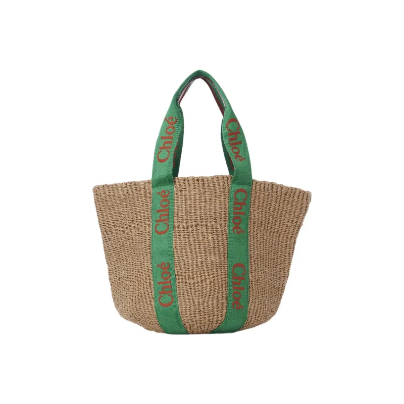 Chloe Woody Calfskin Basket Bag Handbag Large Size Women's Green/Brown-2