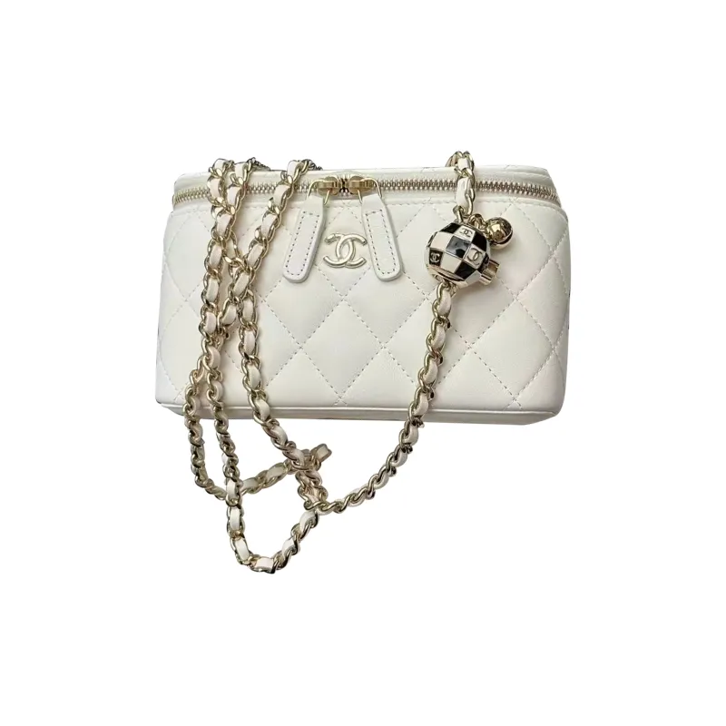 CHANEL Sheepskin Box Bag, Makeup Bag, One Shoulder, Crossbody Bag Women's White-0