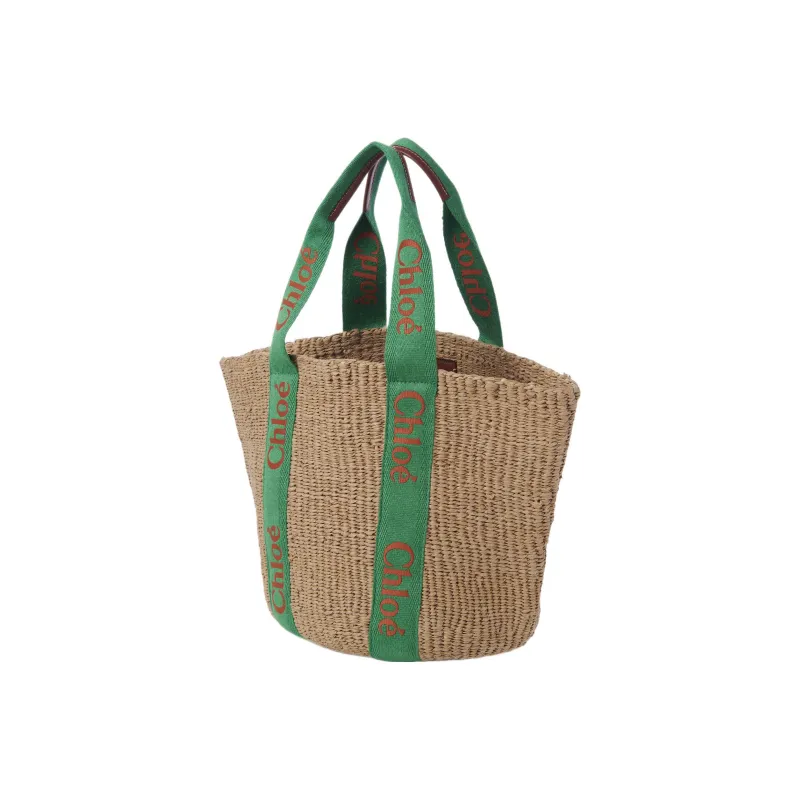 Chloe Woody Calfskin Basket Bag Handbag Large Size Women's Green/Brown-1