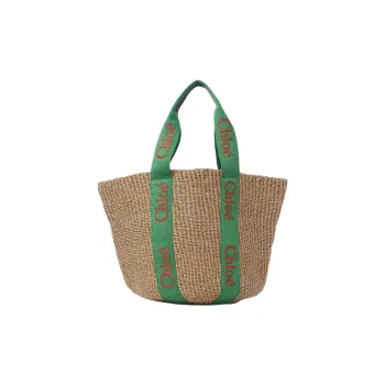 Chloe Woody Calfskin Basket Bag Handbag Large Size Women's Green/Brown