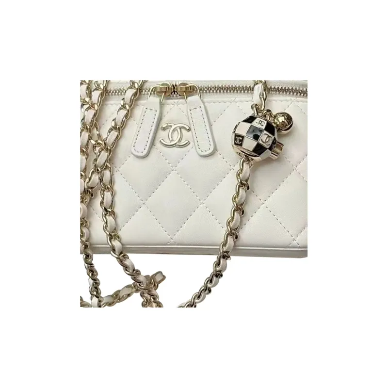 CHANEL Sheepskin Box Bag, Makeup Bag, One Shoulder, Crossbody Bag Women's White-2
