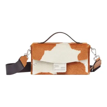 FENDI Baguette Sheep Wool Leather With Calfskin Shoulder Bag, Crossbody Bag, Handbag Men's Brown/White
