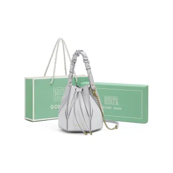 Gong Xuan Cow Leather Bucket Bag, One Shoulder Handbag Medium Size Women's Magic Silver Gray