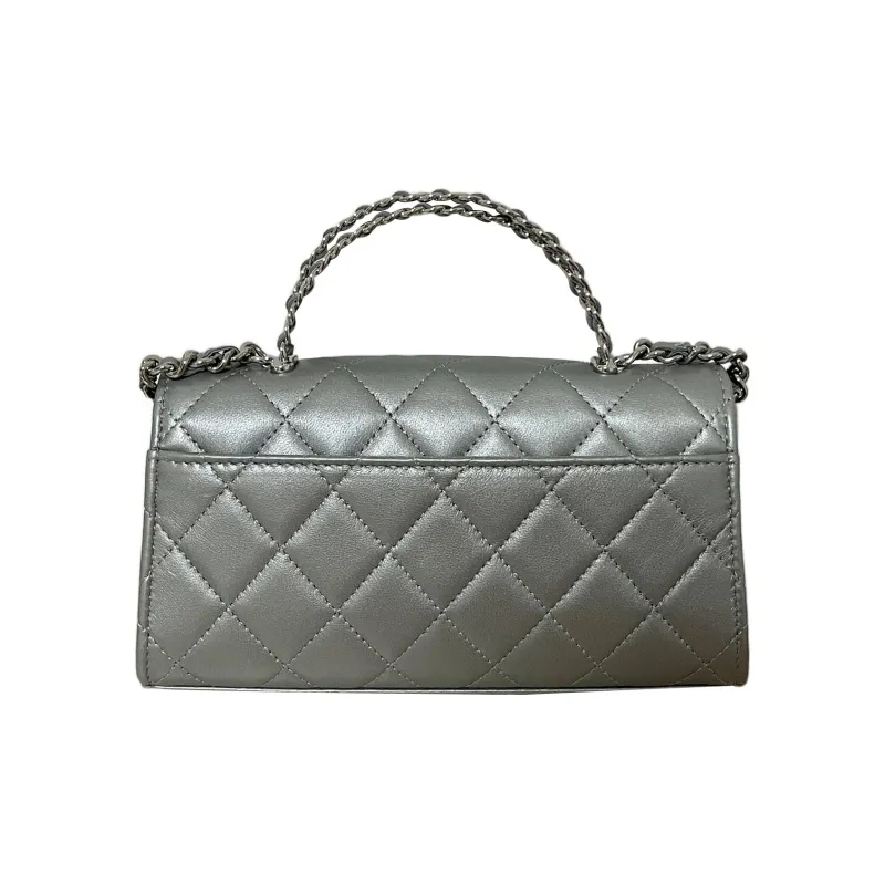 CHANEL 23P SS Sheepskin Flap Bag, One Shoulder Handbag, Crossbody Bag Tubas Women's Silver Gray-1