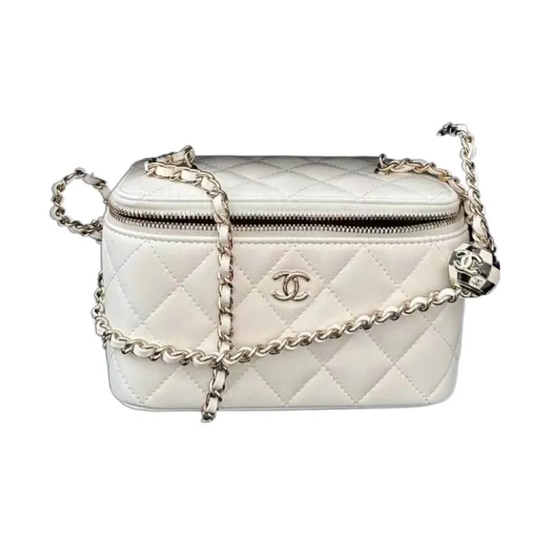 CHANEL Sheepskin Box Bag, Makeup Bag, One Shoulder, Crossbody Bag Women's White-1