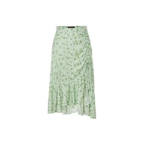 MO&CO Casual Long Skirts Women's White Base With Green Print