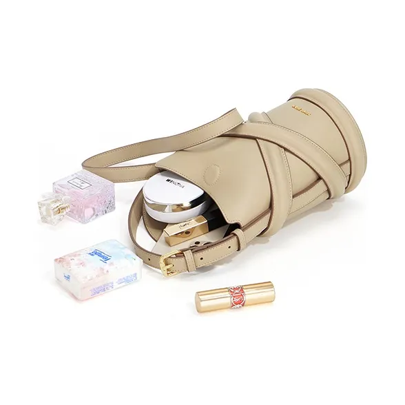 Gong Xuan Cow Leather Bucket Bag, Crossbody Bag Trumpets Women's Noble Coffee Apricot-6