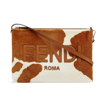 FENDI Sheep Wool Clutch Laptop Bag Men's Brown/White