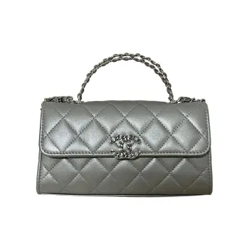 CHANEL 23P SS Sheepskin Flap Bag, One Shoulder Handbag, Crossbody Bag Large Size Women's Silver Gray