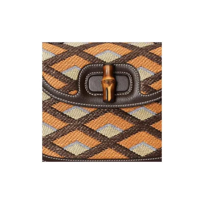 GUCCI Bamboo 1947 Raffia With Leather Shoulder Bag Crossbody Bag Handbag Medium Size Women's Multicolor/Brown-8