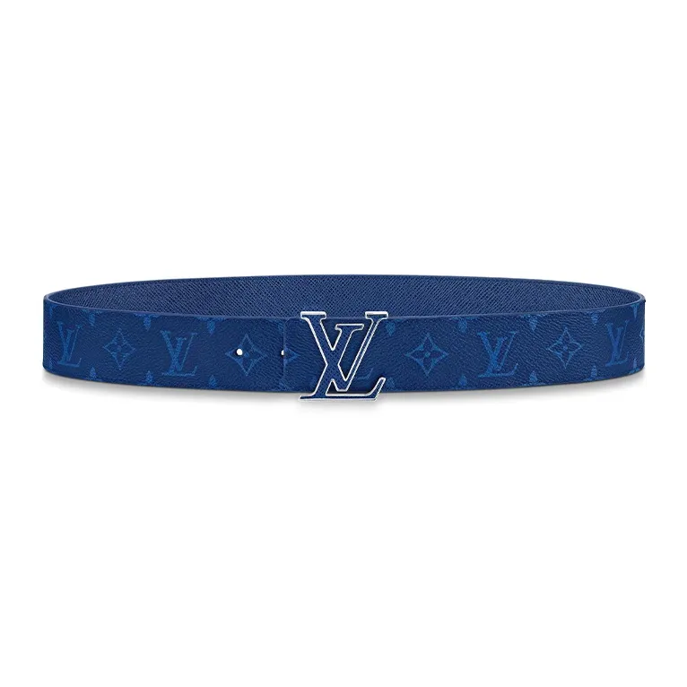 LOUIS VUITTON LV Initiales Double Sided Smooth Buckle Cow Leather Canvas Leather Belts Men's Blue Width 4cm-2