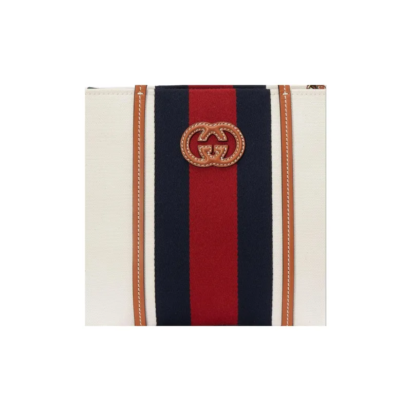 GUCCI Cotton Fabric With Leather Tote Bag Shopping Bag Handbag Small Size Men's White/Red/Deep Blue/Brown-8