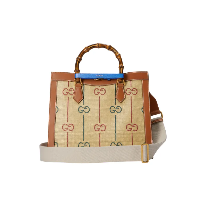 GUCCI Diana Jacquard Cotton Fabric With Leather Tote Bag Shopping Bag Handbag Medium Size Women's Beige/Brown-5