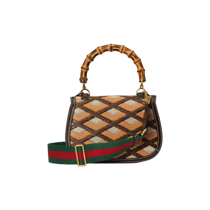 GUCCI Bamboo 1947 Raffia With Leather Shoulder Bag Crossbody Bag Handbag Medium Size Women's Multicolor/Brown-3