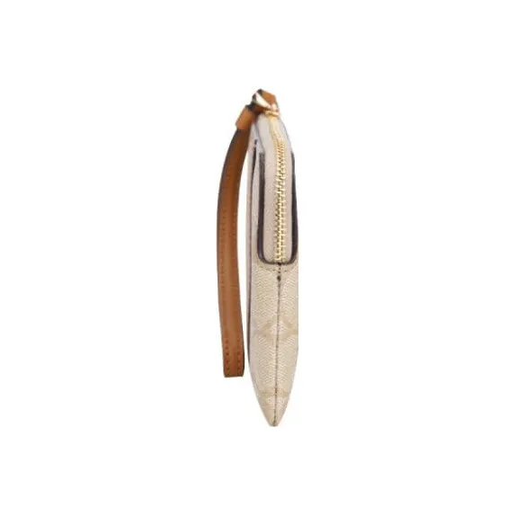 COACH Corner Zip Canvas With Leather Canvas Bag Mahjong Clutch Wrist Bag Small Size Women's Brown & Khaki Monogram-2