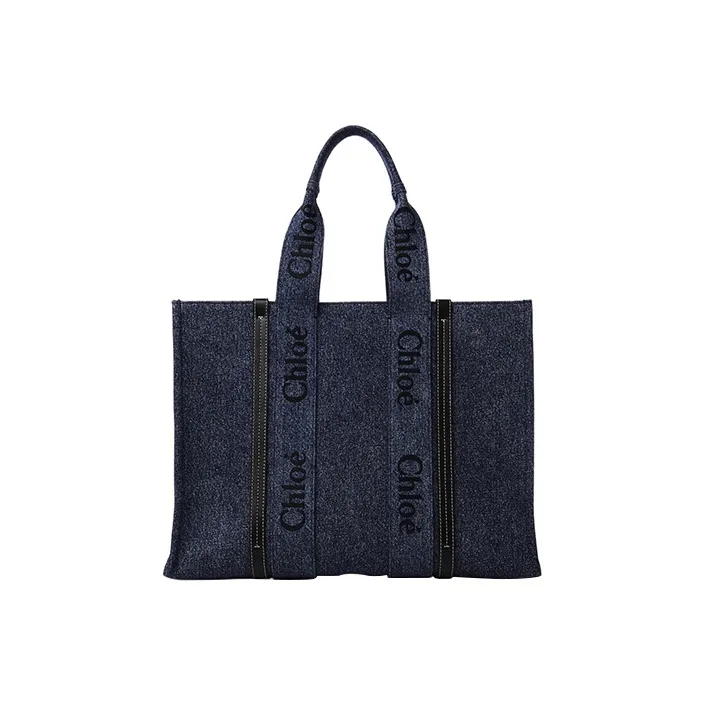 Chloe Woody Shiny Calfskin With Denim Tote Bag Shopping Bag Handbag Large Size Women's Dark Blue-2