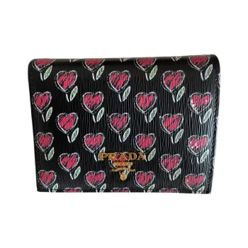 PRADA Textured Leather Card Clip Card Holder Wallets Women's Black