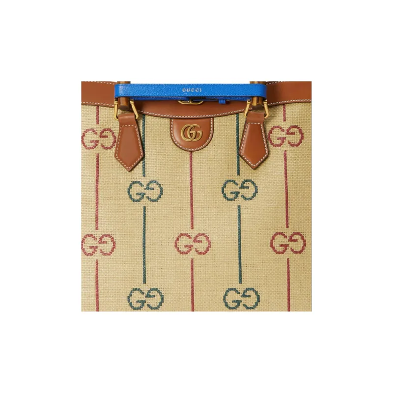 GUCCI Diana Jacquard Cotton Fabric With Leather Tote Bag Shopping Bag Handbag Medium Size Women's Beige/Brown-10