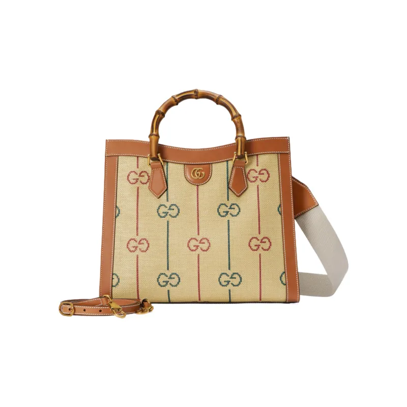 GUCCI Diana Jacquard Cotton Fabric With Leather Tote Bag Shopping Bag Handbag Medium Size Women's Beige/Brown-2
