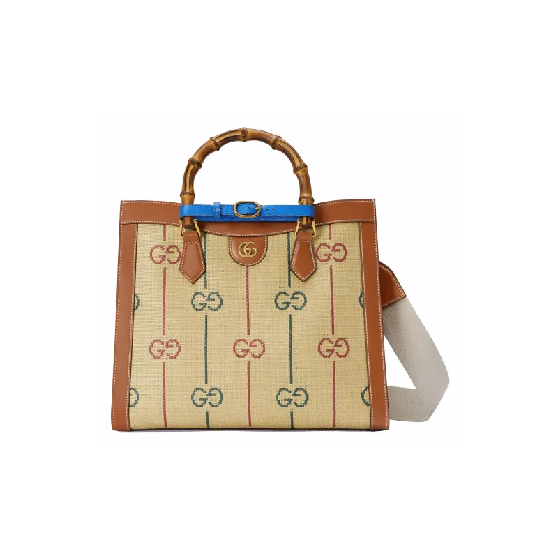 GUCCI Diana Jacquard Cotton Fabric With Leather Tote Bag Shopping Bag Handbag Medium Size Women's Beige/Brown-1