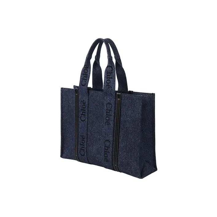Chloe Woody Shiny Calfskin With Denim Tote Bag Shopping Bag Handbag Large Size Women's Dark Blue-1