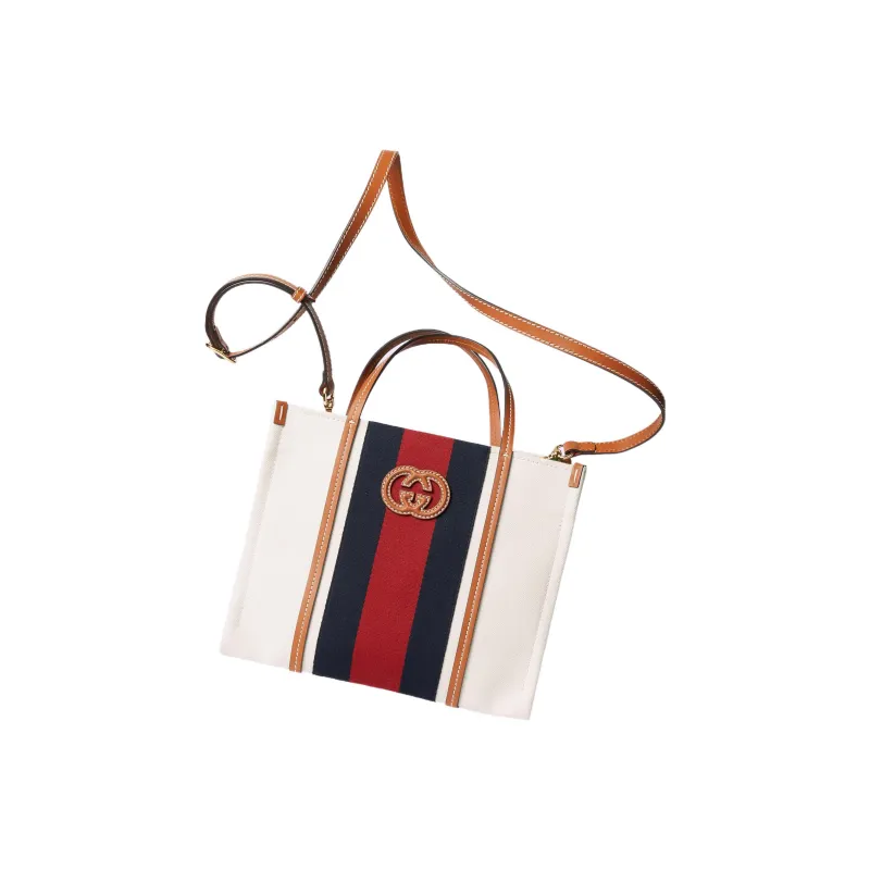 GUCCI Cotton Fabric With Leather Tote Bag Shopping Bag Handbag Small Size Men's White/Red/Deep Blue/Brown-2
