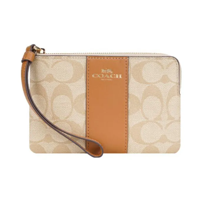 COACH Corner Zip Canvas With Leather Canvas Bag Mahjong Clutch Wrist Bag Small Size Women's Brown & Khaki Monogram-0