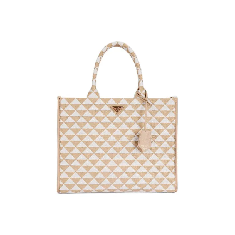 PRADA Fabric With Leather Tote Bag, Shopping Bag, Handbag Large Size Women's Light Umber-0