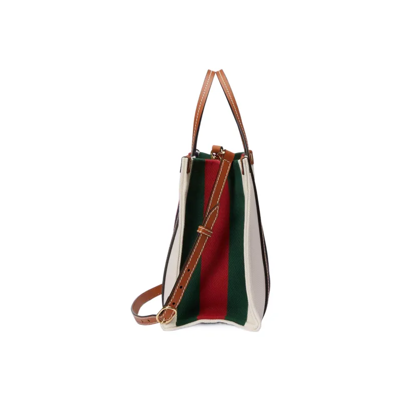 GUCCI Cotton Fabric With Leather Tote Bag Shopping Bag Handbag Small Size Men's White/Red/Deep Blue/Brown-4