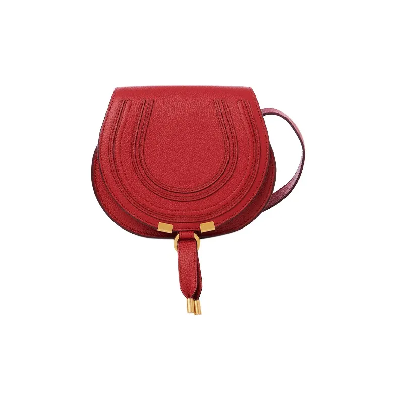 Chloe Marcie Grained Calfskin Saddle Bag Shoulder Bag Crossbody Bag Small Size Women's Red-0