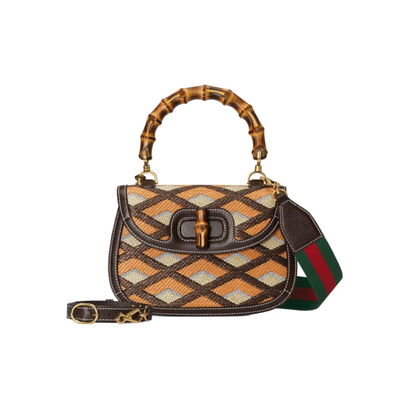 GUCCI Bamboo 1947 Raffia With Leather Shoulder Bag Crossbody Bag Handbag Medium Size Women's Multicolor/Brown-1