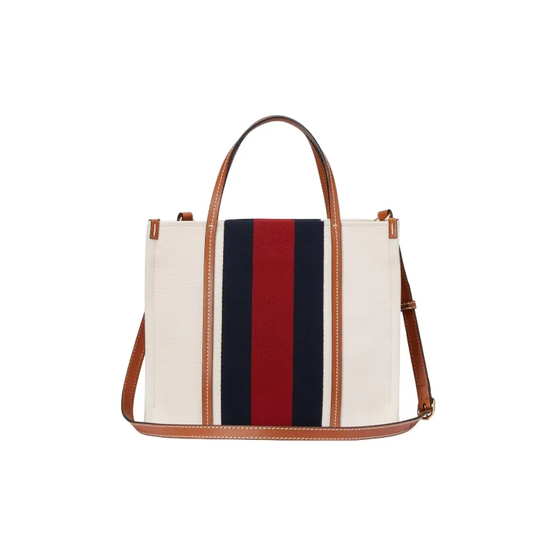 GUCCI Cotton Fabric With Leather Tote Bag Shopping Bag Handbag Small Size Men's White/Red/Deep Blue/Brown-3