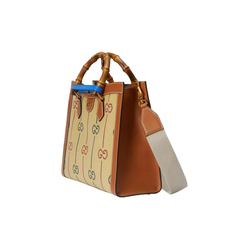 GUCCI Diana Jacquard Cotton Fabric With Leather Tote Bag Shopping Bag Handbag Medium Size Women's Beige/Brown-4