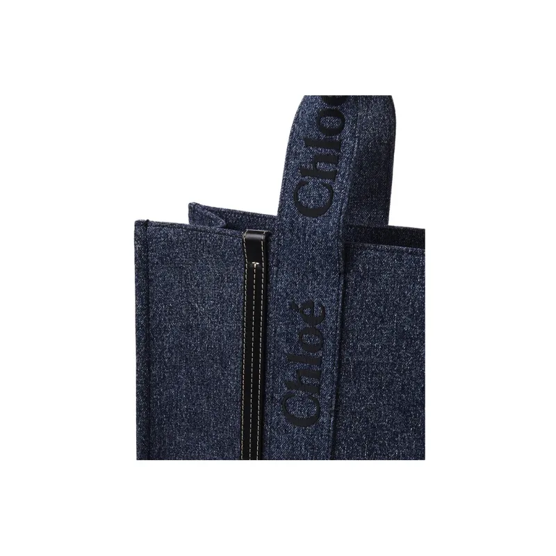 Chloe Woody Shiny Calfskin With Denim Tote Bag Shopping Bag Handbag Large Size Women's Dark Blue-3