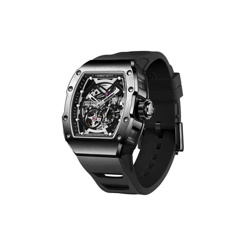 BONEST GATTI Phantom Speed Collection Mini Barrel Watch Mechanical Movement Rubber Strap Watch Unisex White Dial-2