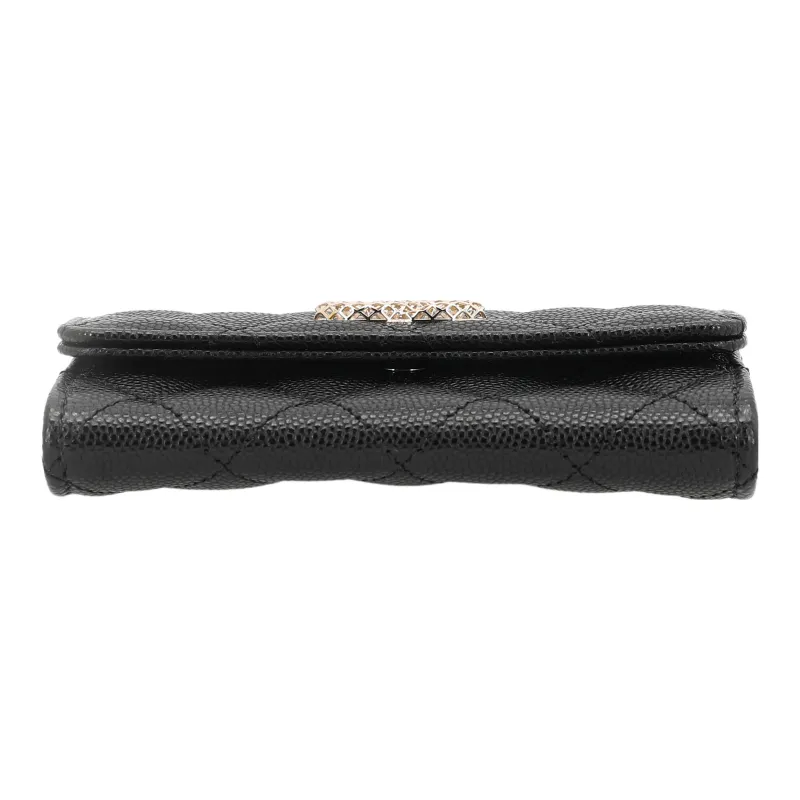 CHANEL Litchi Grain Cow Leather Coin Purse, Card Holder Women's Black-3