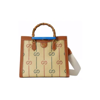 GUCCI Diana Jacquard Cotton Fabric With Leather Tote Bag Shopping Bag Handbag Medium Size Women's Beige/Brown