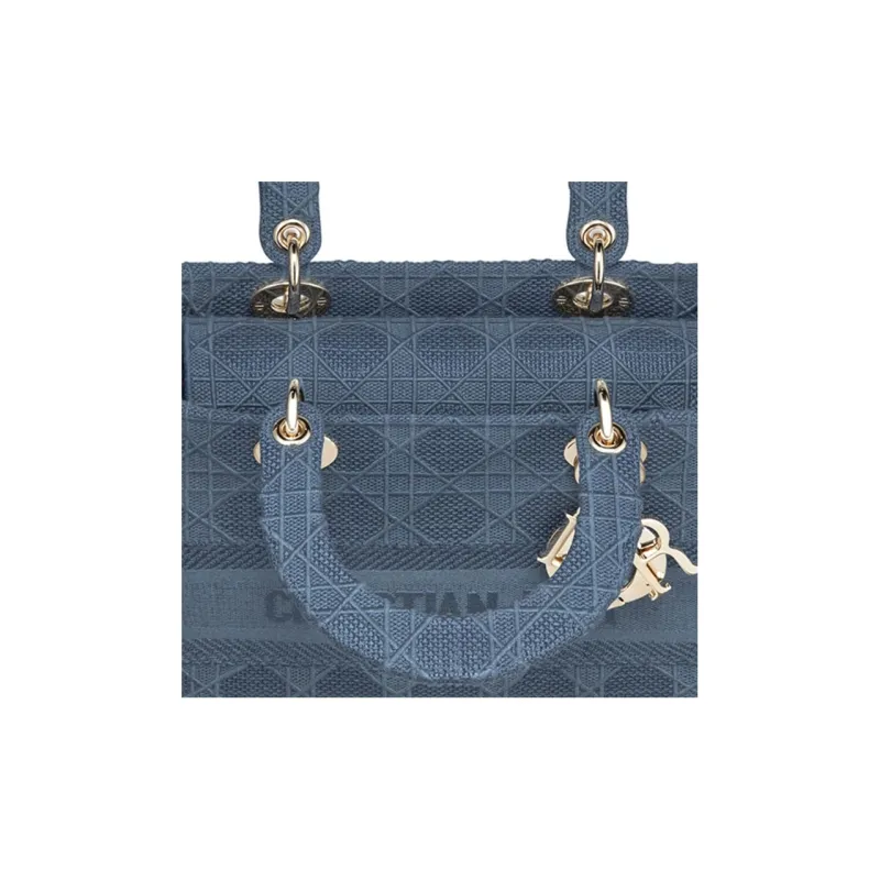 DIOR Lady DiorLady D-Lite Embroidery DaiFeng Handbags Medium Size Women's Dark Denim Blue-4