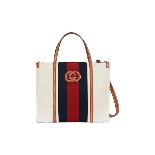 GUCCI Cotton Fabric With Leather Tote Bag Shopping Bag Handbag Small Size Men's White/Red/Deep Blue/Brown