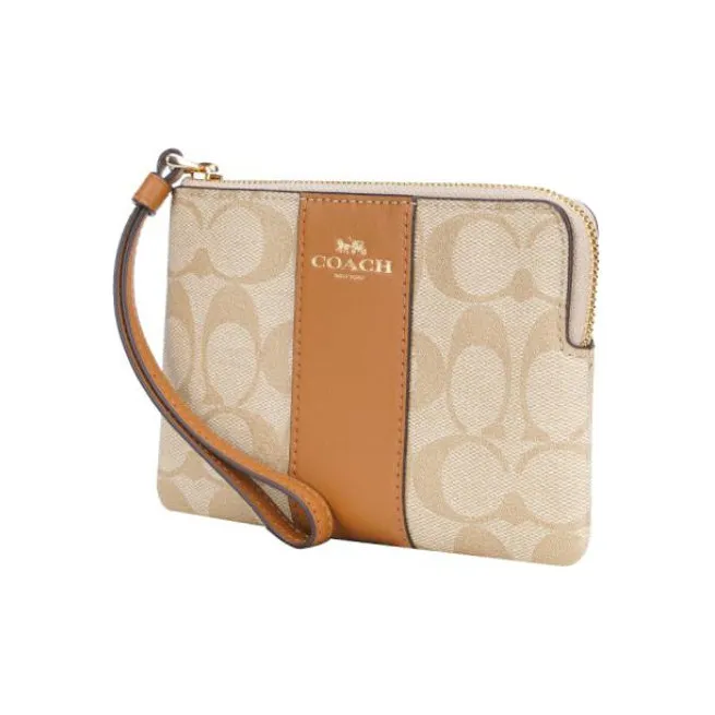 COACH Corner Zip Canvas With Leather Canvas Bag Mahjong Clutch Wrist Bag Small Size Women's Brown & Khaki Monogram-1