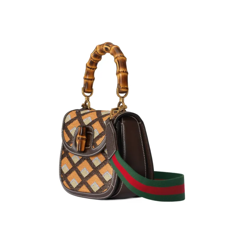 GUCCI Bamboo 1947 Raffia With Leather Shoulder Bag Crossbody Bag Handbag Medium Size Women's Multicolor/Brown-2