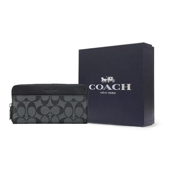 COACH Accordion Wallet Canvas With Leather Wallet Men's Gray Black-4