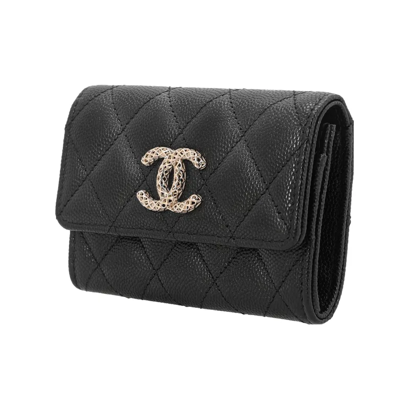 CHANEL Litchi Grain Cow Leather Coin Purse, Card Holder Women's Black-1