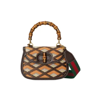 GUCCI Bamboo 1947 Raffia With Leather Shoulder Bag Crossbody Bag Handbag Medium Size Women's Multicolor/Brown
